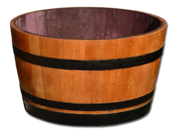 D 70 cm - Weinfass halbiert aus Eichenholz, geschliffen, geölt mit schwarz lackierten Ringen